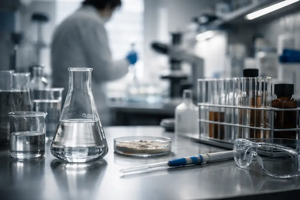 Laboratory testing equipment representing analysis of hair relaxer chemical composition