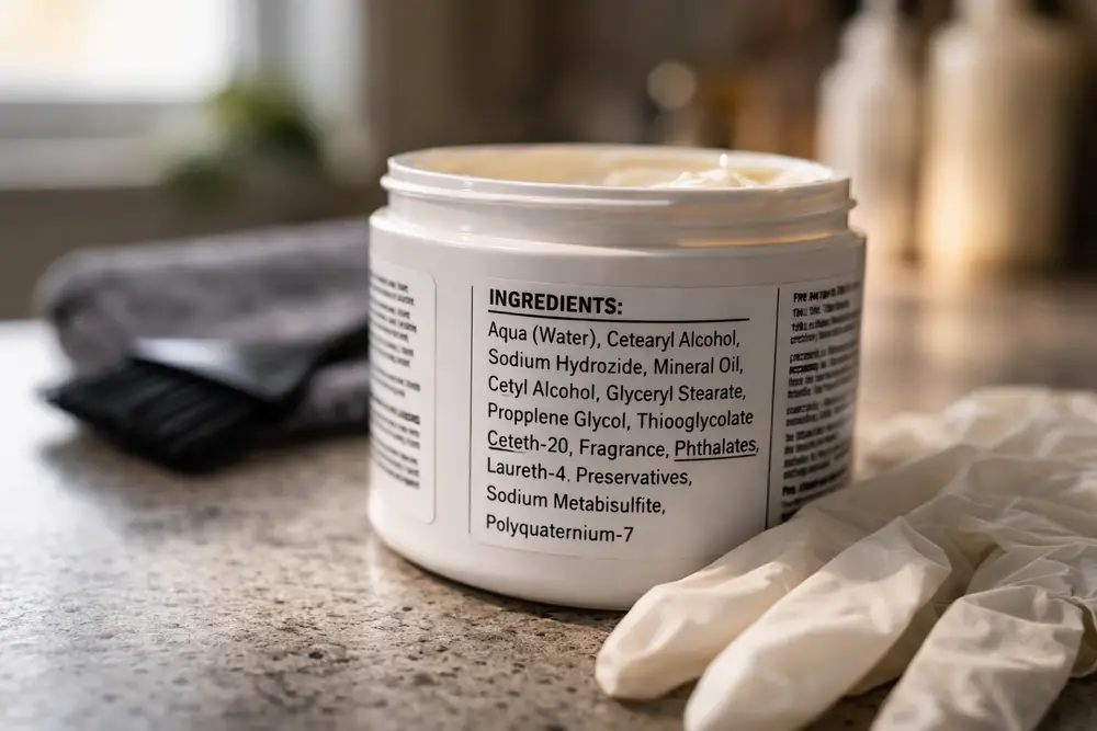 Close up of unbranded hair relaxer ingredient label examined in cancer risk discussion