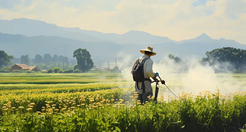 man spraying roundup weed killer on farm